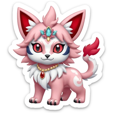 Floral pastel pink and ruby-jewelry-adorned Absol-Litten-Amaura-fusion-Fakemon-animal-creature  sticker