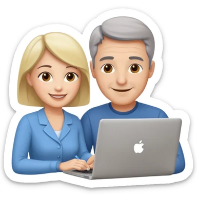 a middle aged man and a womanlooking at laptop and writing and smiling sticker