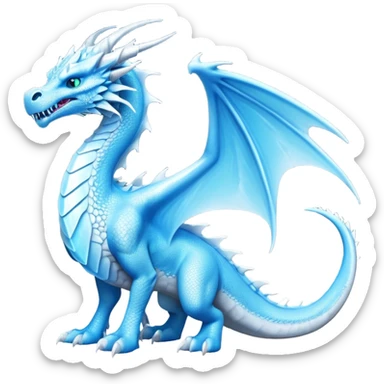Cinematic Noble elegant Ice Dragon full body Emoji, Poised and imposing, distinct long elegant snout, with a slender, scaled body shimmering in glacial hues of icy blue, frostbitten silver, and crystalline white, breathing out frost, with piercing, glowing eyes that radiate the chilling depths of an arctic storm; rendered in detail. displaying its wings sticker