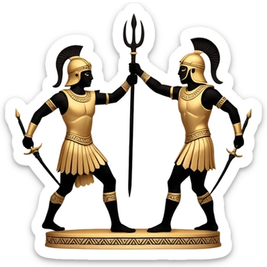 Cinematic-realistic Grecian urn, an exquisite black-figure pottery masterpiece resting in the dim glow of an ancient temple. Intricate golden depictions of two warrior fighting with spears and warriors encircle its curved form, telling timeless myths of heroism and tragedy.  sticker