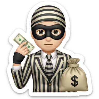 A thief with a bag of money on his back, wearing a striped suit and a black eye mask sticker