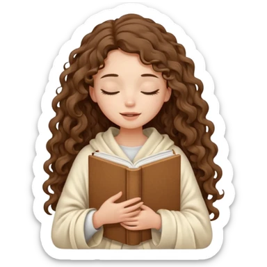a slender girl with fair skin with long curly brown hair, the girl closed her eyes and wrapped in a cream blanket, holding a white book in her hands sticker