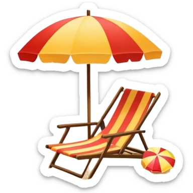 Vibrant Icon for Beach Tourism: a sunny beach with the sea, a lounge chair, a sun umbrella, and flip-flops. The icon should capture the essence of a relaxing beach vacation with a carefree atmosphere. Transparent background. sticker