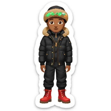 Handsome Black guy with brown skin tone, wear black joggers, a black bubble coat with a fur brim on the hood, and buckwheat timberland boots sticker