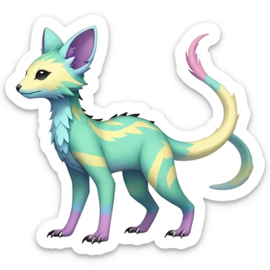 Rare realistic exotic edgy pastel epic pretty beautiful handsome gorgeous aesthetic colorful vibrant Vernid-Trico-species-Fakemon-creature by LiLaiRa, 4 legs, 1 tail, random markings, (full body) sticker
