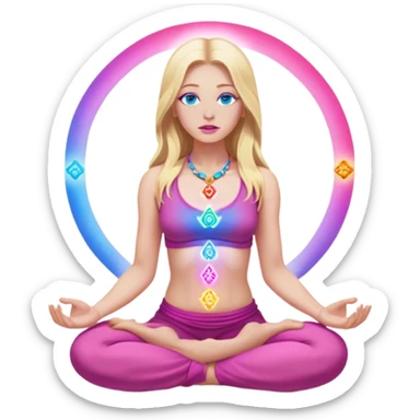 A cinematic realistic blonde with long hair, blue eyes and pink lips
meditates, her 7 chakras glow. sticker