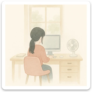 soft watercolor illustration of a minimalist modern study or work area with a girl with long dark hair tied back viewed from behind sitting at a wooden desk with drawers and metal handles by a large window showing green foliage outside, workspace efficiently organized with a computer monitor in the center of the desk and a white electric fan on the right side, girl sitting on a pink cozy chair, pastel colors, delicate linework, gentle whimsical mood, anime-inspired features, minimal soft shading sticker