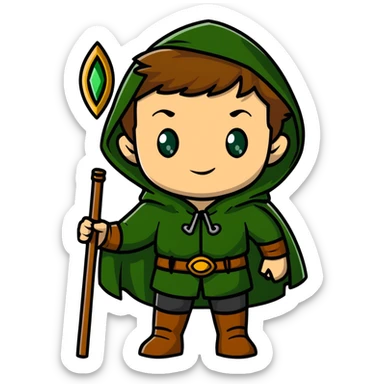 Rudeus Greyrat from Mushoku Tensei, green eyes, short light brown hair, wearing adventurer's outfit with a green cloak, holding a staff, confident and curious expression sticker