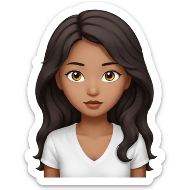 iOS style emoji. A girl with very long dark brown wavy hair. And the eyes color is dark brown. And she is wearing white t shirt with V kneck. And she is 30. She is Asian with double eyelids  sticker