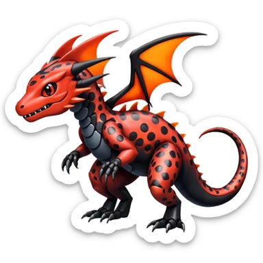 Cute Shiny spotted black and red iridescent Guilmon-Salandit-Fakémon-hybrid-creature (full body)  sticker