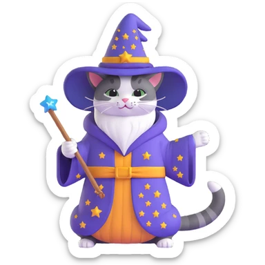wizard cat with a starry robe and hat sticker