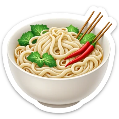 A bowl of udon noodles with green cabbage, chillies and enoki mushrooms sticker