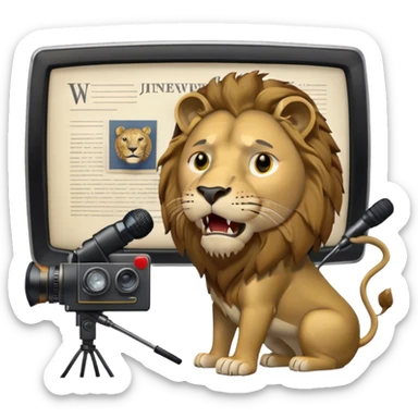 Icon for Documentary TV Show: A TV screen with a microphone, books, historical documents and scientific symbols. Include a roaring lion or other animal, interview setup with a camera and a serious-looking news anchor or narrator. Transparent background. sticker