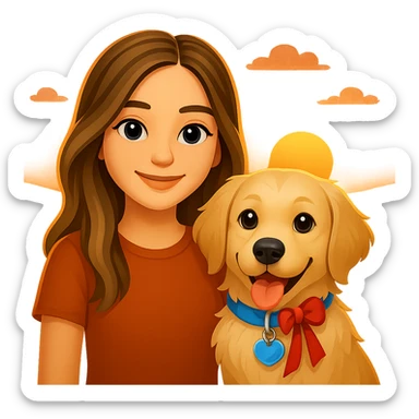 Create an emoji style image of a 20-year-old dirty blonde woman with brown highlights in her long hair and dark blue eyes, standing with an English cream golden retriever. The background is a warm sunset, and the scene is friendly and warm. sticker