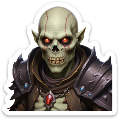 Cinematic Realistic WoW undead civilian Portrait, head tilted epicly and inquisitively, showcasing grim resilience and defiant strength. His withered, pallid skin and intense, glowing eyes contrast starkly with his worn, earth-toned clothes, rendered in meticulous detail. With dynamic, high-contrast lighting and high shine, this portrait exudes an epic aura, capturing the relentless will of a battle-hardened undead civilian. sticker