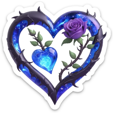 gothic heart made of cosmic black glass, silver crescent moon, galaxy roses, holographic stardust, neon blue lightning, wet and cracked glass sticker