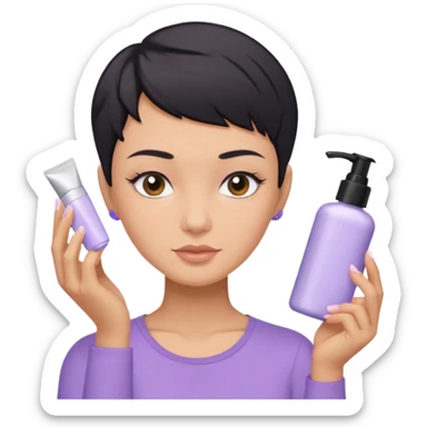 tan girl with pastel purple shirt with black hair & a pixie, doing her skin care sticker
