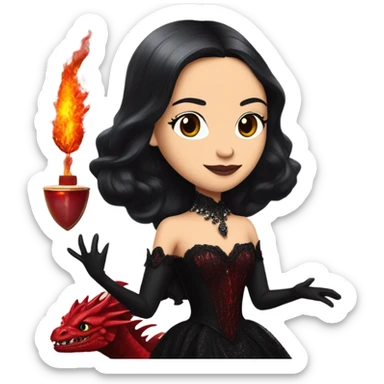 Lavish Victorian evening gown with gloves, Jenna Ortega as Morticia Addams Jedi wearing a mini tiara, riding on the back of a very large blood red evil-looking horned firedragon sticker