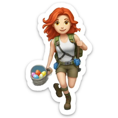 Female mountain climber red hair climbing with Greek flag and holding Easter eggs basket sticker