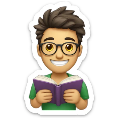 joven estudiante con todossus libros que son muchos, de piel blanca muy feliz y sonriente con un libro en sus manos  sticker
