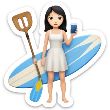 Princess who wearing white dress (woman) black hair holding her phone and long shovel with another hand. She is standing on her feet, there is one blue surfing board. sticker