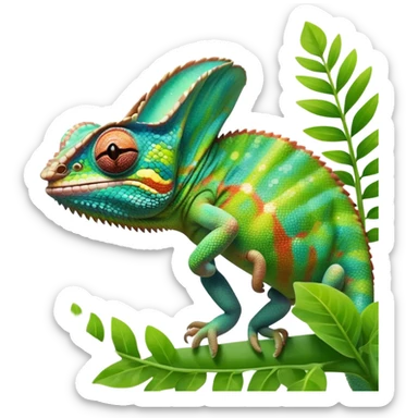 cinematic giant-smiling. chameleon-realistic emoji,-blending-with-vibrant-greenery.-detailed-scales-in-shifting-colors,-showing-the-chameleon’s-ability-to-camouflage.-soft-natural-light-highlights-its-texture.-light-background, zoomed into its face sticker
