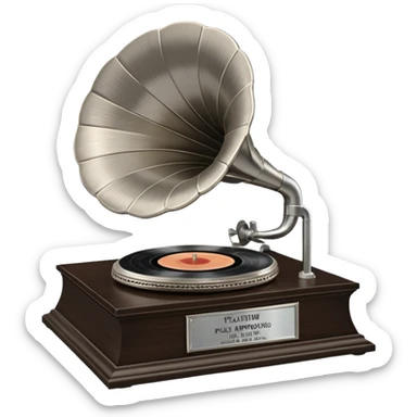 A platinum music award plaque: a square, polished platinum plate with a subtly textured, mirror-like finish, mounted on a simple dark wood base. The center features a relief of a vintage gramophone or stylized vinyl record in a slightly darker metallic tone.  sticker
