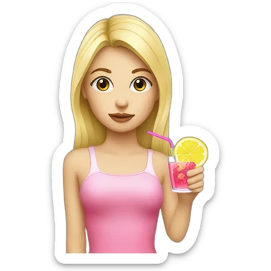 blonde girl straw drinking pink lemonade with one green lemon in the cup, with black watch sticker