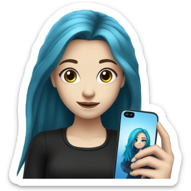 white skin girl with long blue hair in black clothes taking a selfie sticker