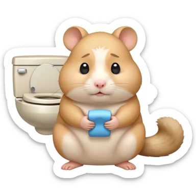 Cute chubby cartoon-style hamster sitting on toilet pooping looking guilty sticker