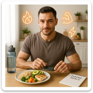 A fit man in his early 30s, sitting calmly at a clean wooden kitchen table, adjusting his meal portions with intention. On the plate: whole grain rice, avocado slices, grilled chicken, and olive oil drizzled vegetables — slightly more than a normal serving, symbolizing a small caloric surplus. He’s holding a digital food scale and smiling slightly, showing confidence. Around him float clean icons of metabolism, muscle growth, and energy. Background: bright morning light, minimalistic kitchen with fitness and wellness elements (e.g. a water bottle, notepad with 'macro goals', and healthy food on shelves). Style: semi-realistic, lifestyle photography look, warm tones, high detail sticker