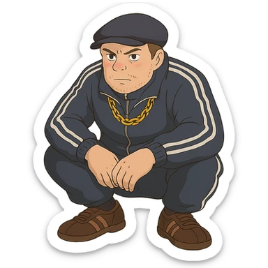 ghibli style Russian gangster squatting, wearing a tracksuit and gold chain sticker