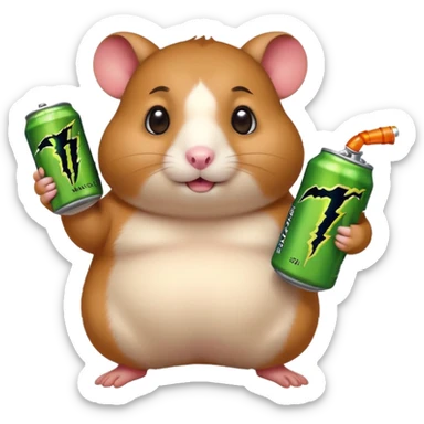 Funny cartoon-style fat hamster wide eyed holding a can of monster energy in one hand and redbull in the other hand sticker