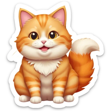 A playful, chubby orange tabby cat with big round eyes, a fluffy tail, and a mischievous grin, sitting upright with one paw slightly raised, surrounded by a warm, glowing aura. Simple, cartoonish style with bold outlines and vibrant colors. sticker