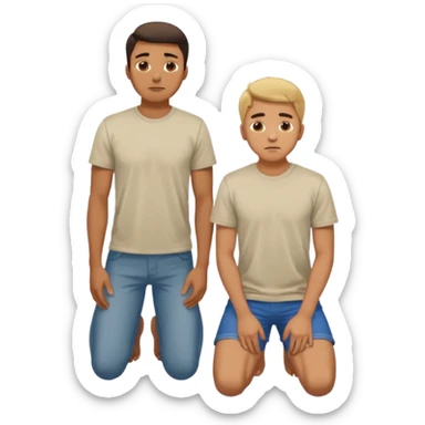 a guy standing up and another guy on both of his knees in front of said guy standing up who is loookg down at him and guy on knees is looking up at him sticker