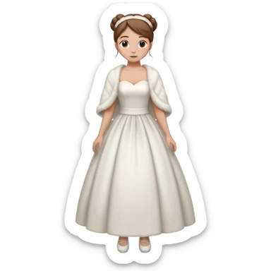 , chica blanca, pelo castaño, pelo recogido con mondongos, vestido novia largo que no se vean los pies con chal invierno corto,cuerpo entero zapatos sticker
