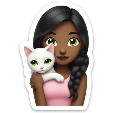 Light brown skin girl with long black hair and black eyes wearing pink hugging or holding a white cat with green eyes sticker