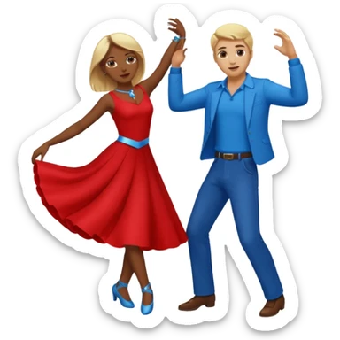 Two people  conservative people dancing. A man wearing red with light skin and blonde hair. A women wearing bue with dark skin and brown hair. sticker
