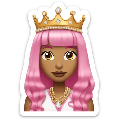 Nicki Minaj with a long pink bob and bangs and a diamond chain that says “queen”. She he’s a crown on her head  sticker