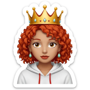 
Slim girl with a fine face, dark and tanned skin, medium-length curly tomato-red hair, dark eyes, medium-thick eyelashes, and a crown and earrings, wearing a white hooded sweatshirt. sticker