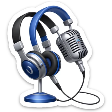 Create a sleek and professional emoji that represents voice acting and dubbing equipment. The design should feature a high-quality microphone, a sound mixer or audio interface, and headphones to symbolize the recording and technical process. Include elements like a soundproof booth or audio cables to reflect the studio environment. Use a modern, clean design with colors like silver, black, and dark blue to represent the professional side of voice acting. The background should be transparent. sticker