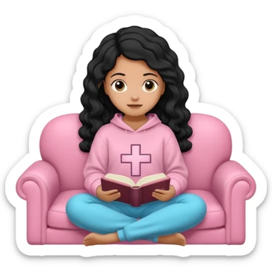 Una chica linda de cabello negro con ondas hasta los hombros de piel blanca con una sudadera rosa en un sofá cómodo y hermoso leyendo la biblia sticker
