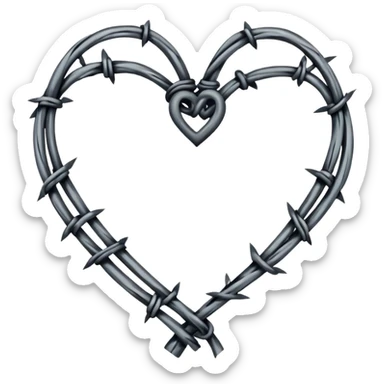 Minimal black line art heart made from barbed wire, hand-drawn sketch look, uneven ink strokes, 6–7 barbs with twisted knots, simple clean outline, centered on plain white background, high contrast sticker