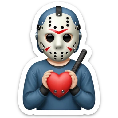 a cartoon image of Jason Voorhees, looking cute, with his hands clasped in front of him, at a sideways angle, looks like he is in love sticker
