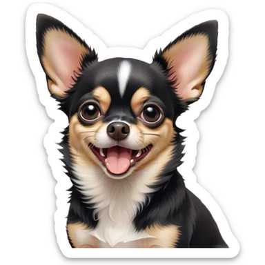 Cinematic Cute Yawning Black Tri Short Haired Chihuahua Portrait Emoji, Head tilted slightly with a dramatic, wide-open yawn, soft black tri-color fur with defined patches of white and tan, floppy ears slightly drooping, round dark eyes barely open in drowsy contentment, Simplified yet irresistibly adorable features, highly detailed, glowing with a soft, cozy glow, high shine, relaxed yet expressive, stylized with a touch of whimsy, bright and endearing, soft glowing outline, capturing the essence of a sleepy yet affectionate pup, so drowsy it feels like it could stretch right out of the screen and curl up for a nap! sticker