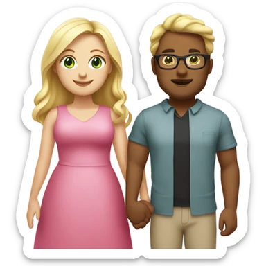 Curvy woman with long blonde hair and green eyes wearing a pink dress and holding hands with a brown man with short black hair and glasses sticker