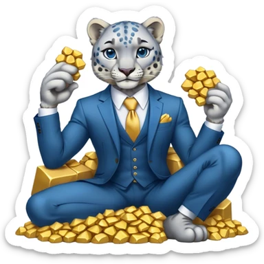 muscular snow leopard in suit with blue tie sitting on pile of gold nuggets sticker