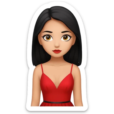 Chica con delineado con vestido rojo escotado en la espalda y pelo semi largo negro  sticker