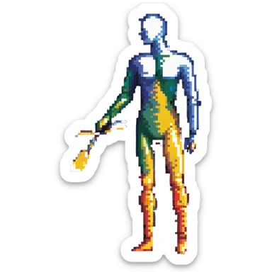 A paintbrush transforming into a metallic human silhouette, symbol of artistic identity sticker