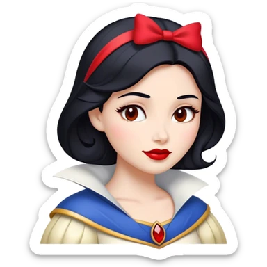 Cinematic Majestic Snow White Portrait Emoji, rendered in a clean, vector-style with bold, simplified shapes. Show Snow White with a serene, noble expression, radiant porcelain skin, and elegantly styled raven hair accented with subtle red highlights, her attire simple yet refined. The design radiates a majestic, pure glow with high shine and a soft glowing outline, embodying classic royal beauty. sticker